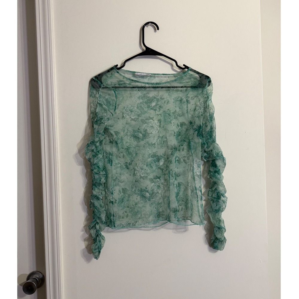 Zara Mesh Top Green Floral Ruched Sleeve Sheer Fairycore Whimsigoth Festival S